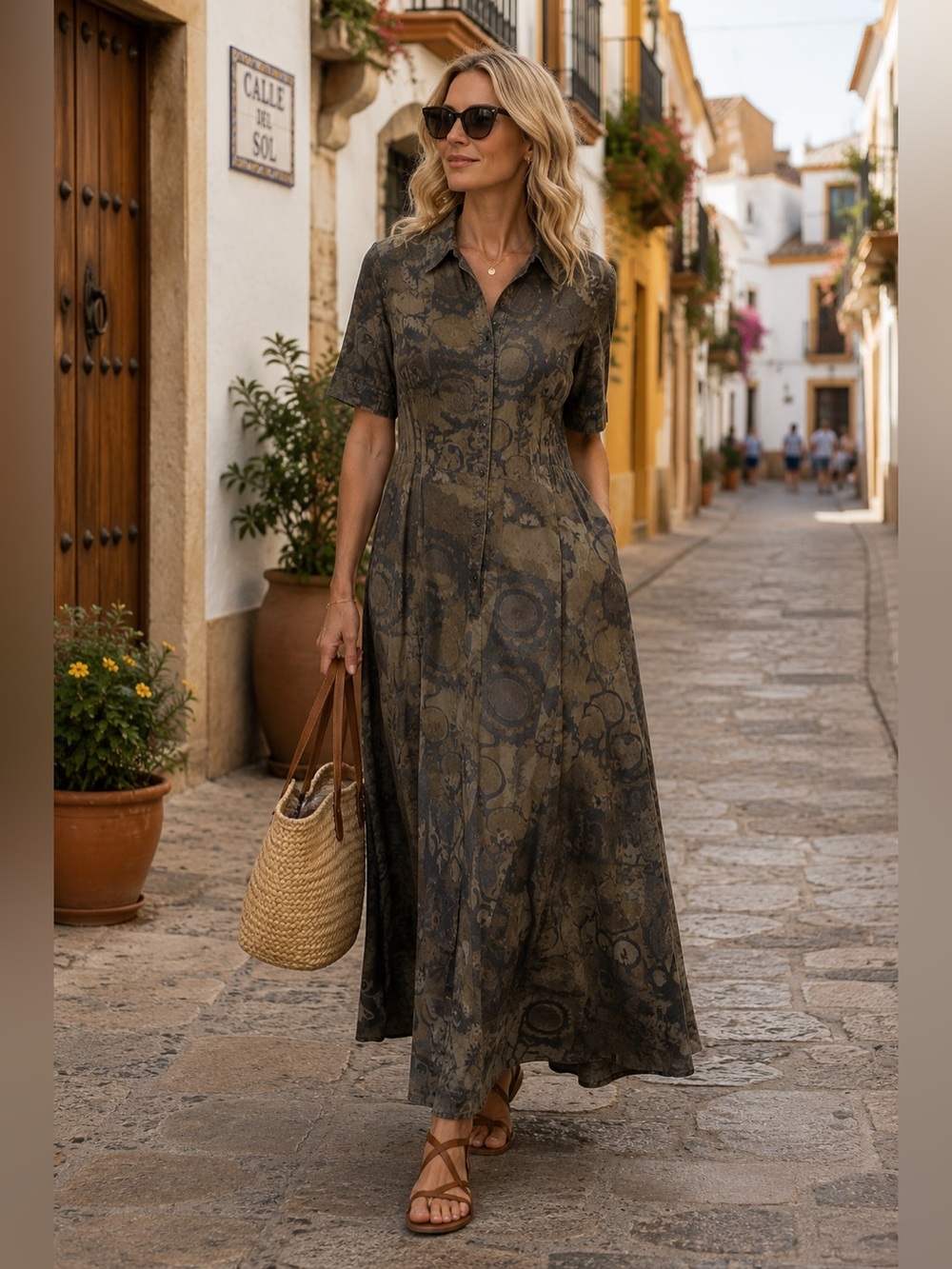 306. DESIGUAL | Floral Patchwork Maxi Shirt Dress – Olive (Style 19WWVW49)